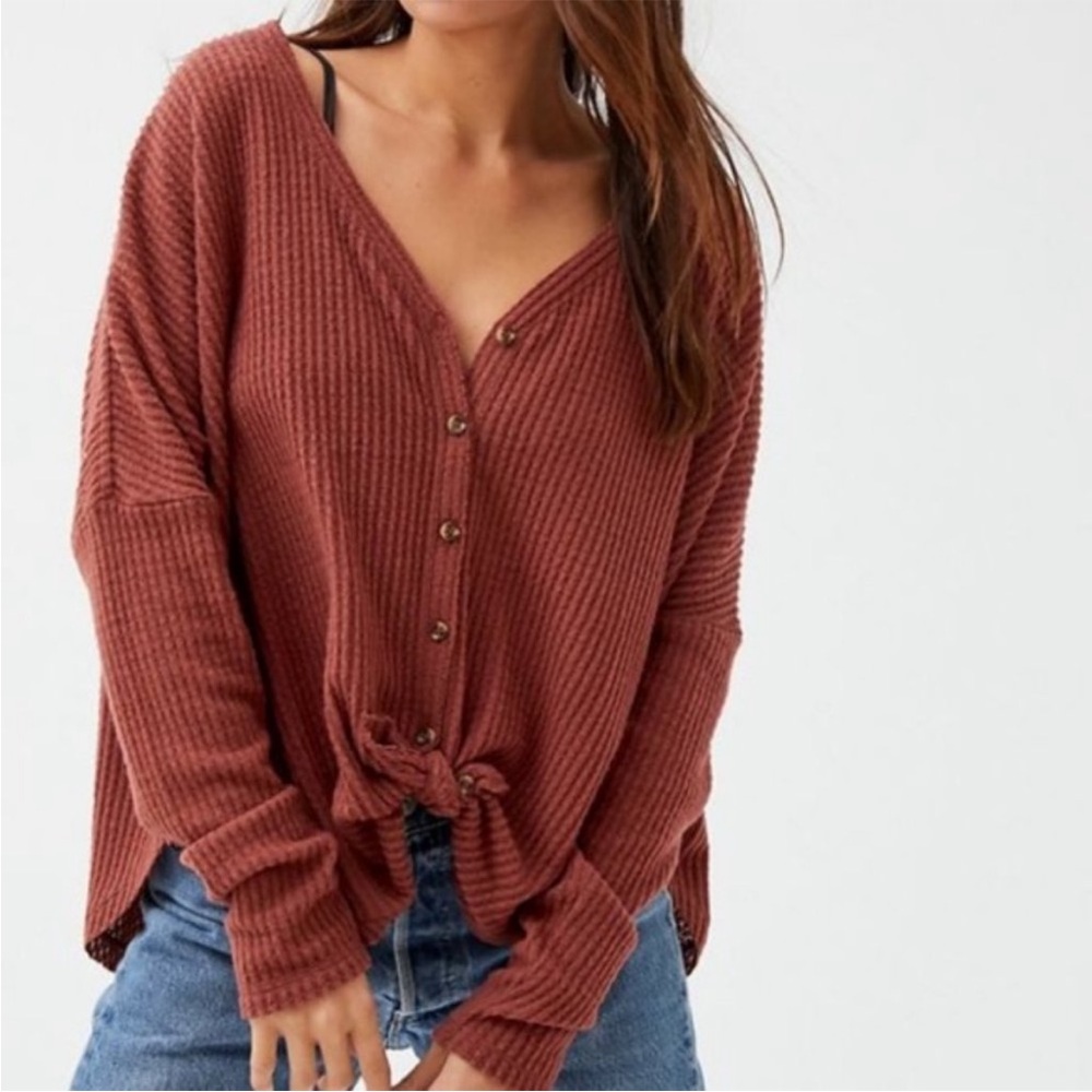 Out From Under Jojo Oversized Waffle Thermal Knit Top Size S Rust Color